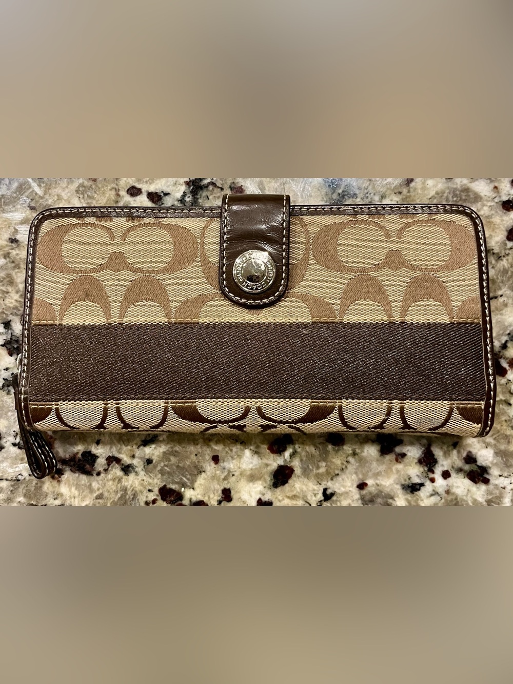 Coach Brown and Tan Signature Canvas Stripe Wallet